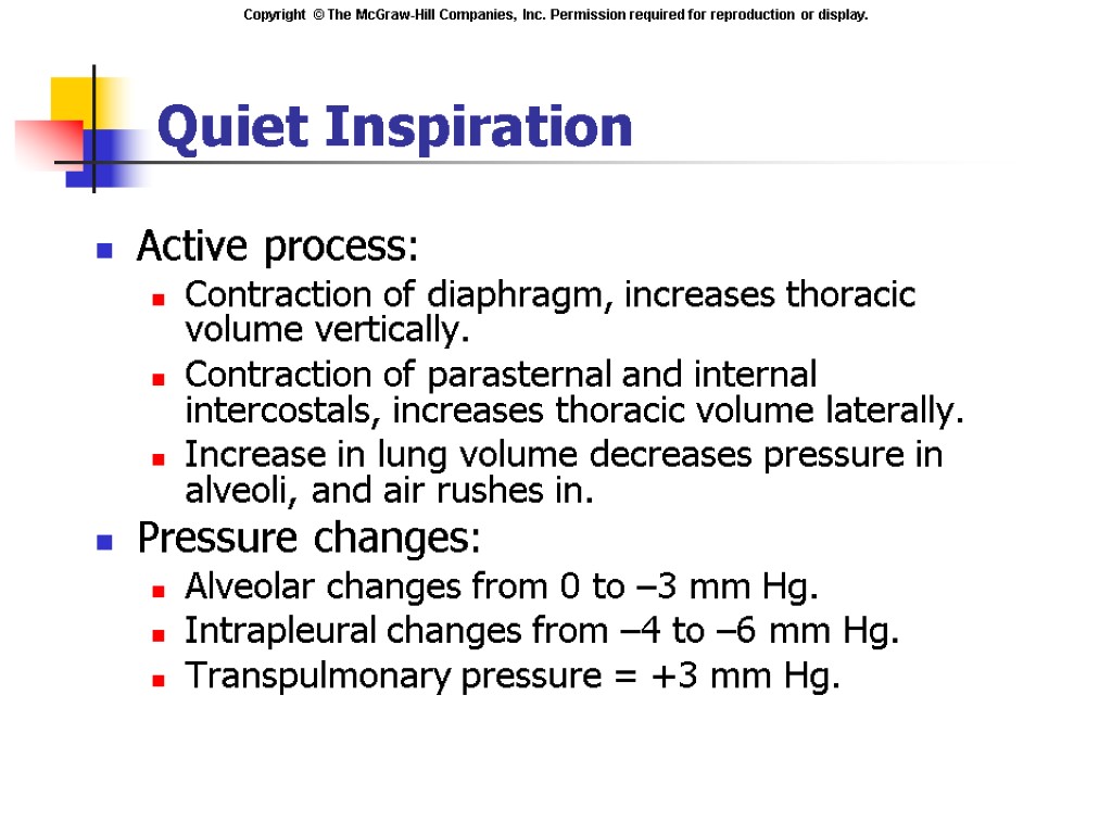 Quiet Inspiration Active process: Contraction of diaphragm, increases thoracic volume vertically. Contraction of parasternal